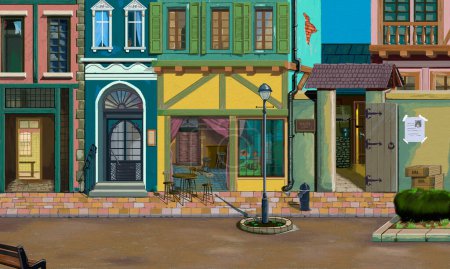 Téléchargez les photos : Oil painting beautiful street, coffee shop, shops and restaurants - en image libre de droit