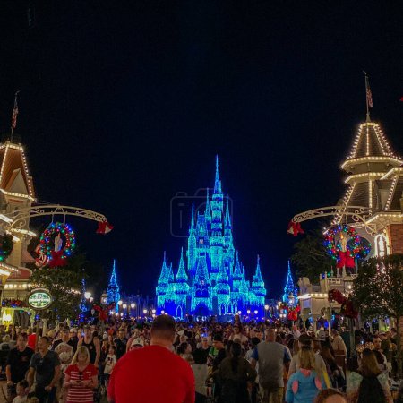 Foto de Orlando, FL USA-November 278 2019: Gente de pie esperando que empiece el espectáculo de fuegos artificiales en Magic Kingdom en Disney World en Orlando, Florida. - Imagen libre de derechos
