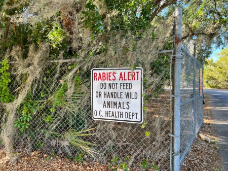 Téléchargez les photos : Mount Dora, Floride États-Unis - 30 mars 2023 : Un panneau d'alerte contre la rage pour ne pas nourrir les animaux dans le parc Trimble à Mount Dora, Floride. - en image libre de droit