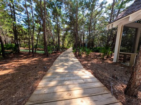 A wooden walking path that goes through a neighborhood park near Rosemary Beach along the popular tourist destination 30A on a sunny summer day.