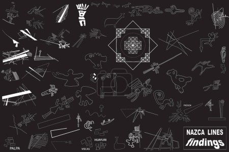 Illustration for Nazca lines Peru. Compilation of new Nazca lines, Hieroglyphics of Peruvian culture. - Royalty Free Image