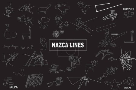 Téléchargez les illustrations : Nazca ligne le Pérou. Compilation de nouvelles lignées Nazca, Hiéroglyphes de la culture péruvienne. - en licence libre de droit