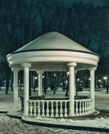 Téléchargez les photos : Rotonde illuminée dans la soirée. Rotunda est un type de bâtiment circulaire de composition, généralement entouré de colonnes et surmonté d'un dôme. - en image libre de droit
