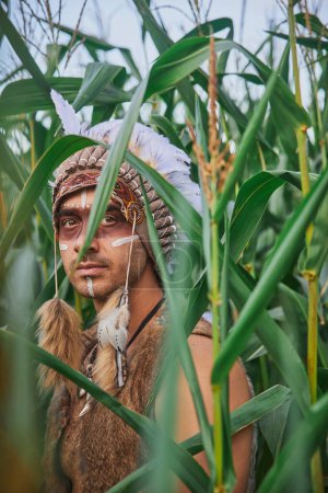 Téléchargez les photos : A man in traditional Native American clothing in a cornfield. - en image libre de droit