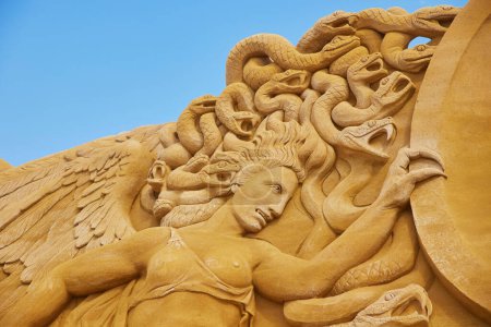 Photo for Sondervig, Denmark, May 21, 2023: International Sand Sculpture Festival. Medusa gorgon - Royalty Free Image