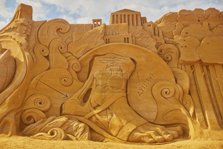 Photo for Sondervig, Denmark, May 21, 2023: International Sand Sculpture Festival. Achilles heel - Royalty Free Image