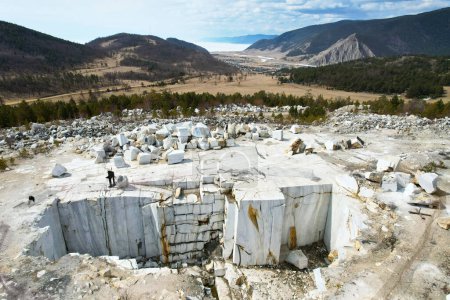 Abandoned Marble Quarry with view of lake Baikal in the village of Buguldeika from air.