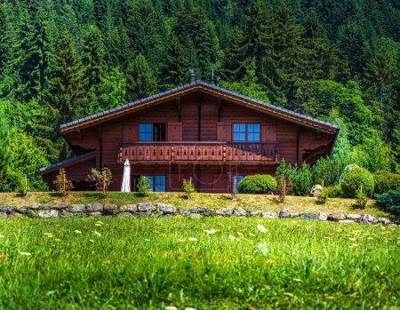 Téléchargez les photos : Village suisse alpin. Confort et tranquillité. Une journée d'été ensoleillée. Des fleurs sur les fenêtres. Chalets en bois. - en image libre de droit