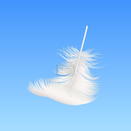 Vector 3d Realistic Falling White Fluffy Feather Nahaufnahme auf blauem Himmel Hintergrund. Design-Vorlage von Engel, Vogel Detaillierte Feder. Konzept Leichtigkeit und Freiheit.