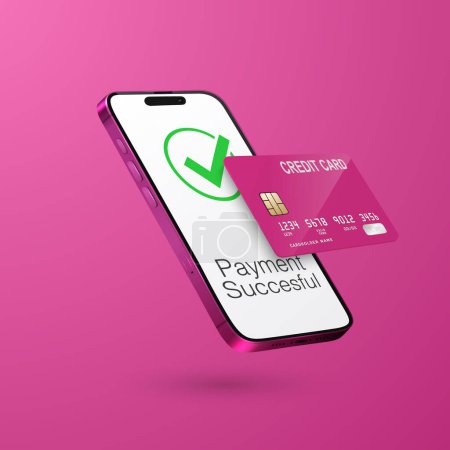 Illustration for Vector 3d Realistic Pink Smartphone, Credit Card, Wi-Fi Successful Payment. Concept of Payment for Purchases by Card, Online Shopping. Design Template, Bank POS Terminal, Mockup. Processing NFC Device - Royalty Free Image