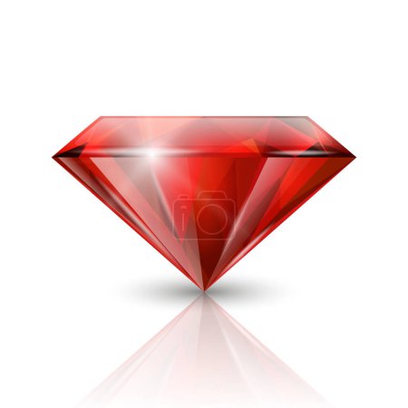 Illustration for Vector 3d Realistic Red Transparent Triangular Glowing Gemstone, Diamond, Crystal, Rhinestone Closeup on White Background with Reflection. Jewerly Concept. Design Template, Banner. - Royalty Free Image