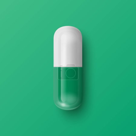 Vector 3d Realistic Green Pharmaceutical Medical Pill, Capsule, Tablet on Green Background. Front View. Herbal Medicine Concept.