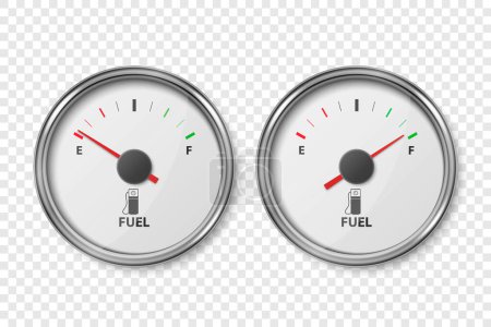 Illustration for Vector 3d Realistic Silver Metallic Gas Fuel Tank Gauge, Oil Level Bar Set Isolated. Full and Empty. Car Dashboard Details. Fuel Indicator, Gas Meter, Sensor. Design Template. - Royalty Free Image