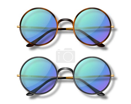Ilustración de Vector 3d realista marco redondo gafas conjunto de vidrio aislado, gafas de sol transparentes para mujeres y hombres, accesorio. Óptica, Lente, Vintage, gafas de moda. Vista superior. - Imagen libre de derechos