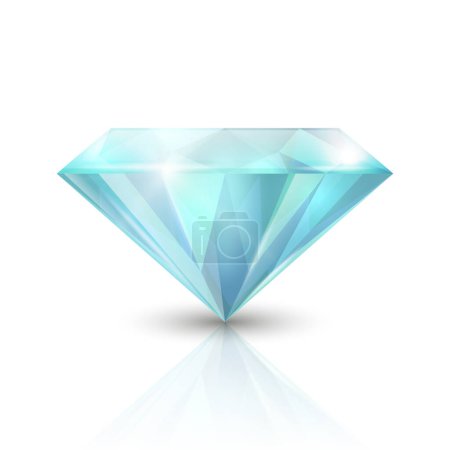 Illustration for Vector 3d Realistic Blue Transparent Triangular Glowing Gemstone, Diamond, Crystal, Rhinestone Closeup on White Background with Reflection. Jewerly Concept. Design Template, Banner. - Royalty Free Image