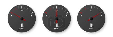 Illustration for Vector 3d Realistic Gas Fuel Tank Gauge, Oil Level Bar Set Isolated. Full and Empty. Display Board, Fuel Gauge Panel, Car Dashboard Details. Fuel Indicator, Gas Meter, Sensor. Design Template. - Royalty Free Image