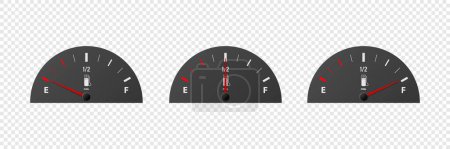Illustration for Vector 3d Realistic Gas Fuel Tank Gauge, Oil Level Bar Set Isolated. Full and Empty. Display Board, Fuel Gauge Panel, Car Dashboard Details. Fuel Indicator, Gas Meter, Sensor. Design Template. - Royalty Free Image