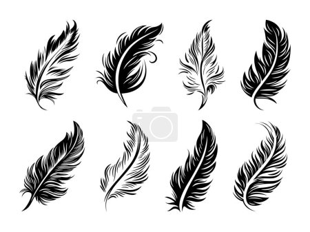 Vector Fluffy Feather Silhouette Icon Set Isoliert. Design-Vorlage von Flamingo, Engel, Vogelfedern für das Logo. Leichtigkeit, Freiheitsbegriff.