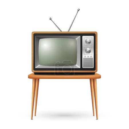 Receptor de TV retro de madera marrón realista del vector 3d en la tabla de madera aislada en fondo blanco. Inicio Concepto de Diseño de Interiores. Televisor Vintage, Televisión, Vistas al frente.