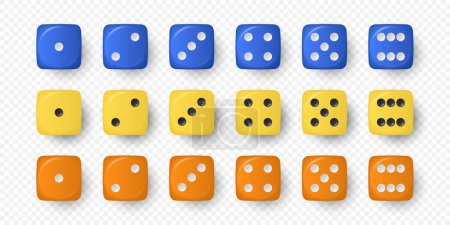 Vector 3d realista azul, amarillo y naranja juego de dados icono conjunto primer plano aislado sobre fondo blanco. Cubos de juego para juegos de azar, Dices de casino de uno a seis puntos, bordes redondos.