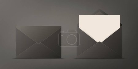 Illustration for Vector Realistic Black Closed, Opened Envelopes with Letter Inside. Folded and Unfolded Black Envelope Icon, Mockup Set Closeup Isolated. Message, Alert, Congratulations, Surprise, Secret Concept. - Royalty Free Image