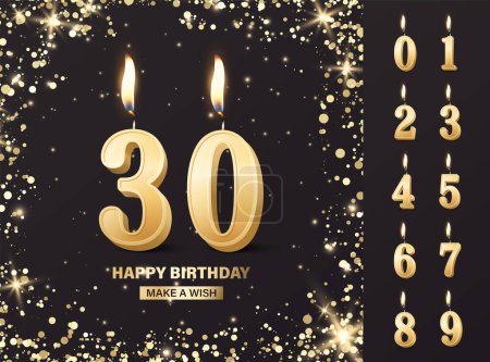 Vector Birthday Anniversary Greeting Card, Banner with 3d Realistic Burning Golden Birthday Party Candles, Numbers, Flame. Candle Icon Set. Design Template, Clipart. Birthday Concept. Front View.
