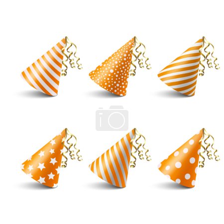 Vector 3d Realistic Orange and White Birthday Party Hat Icon Set Isolated on White Background. Party Cap Design Template for Party Banner, Greeting Card. Holiday Hats, Cone Shape, Front View.