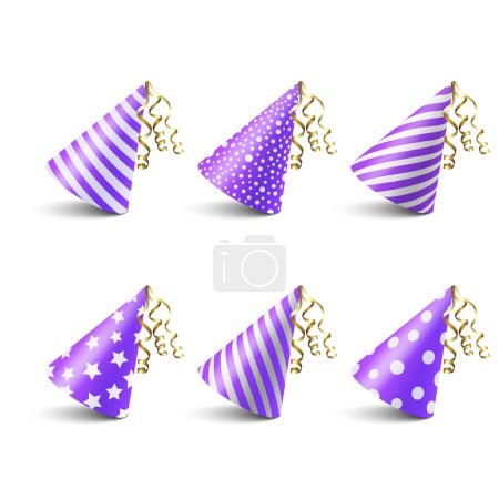 Vector 3d Realistic Purple and White Birthday Party Hat Icon Set Isolated on White Background. Party Cap Design Template for Party Banner, Greeting Card. Holiday Hats, Cone Shape, Front View.