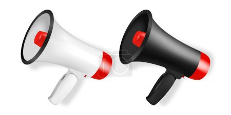 Illustration for Vector Realistic 3d Simple White and Black Megaphone Icon Set Closeup Isolated on White Background. Design Template, Banner, Web. Speaker Design Template. Announcement, Attention Concept. - Royalty Free Image