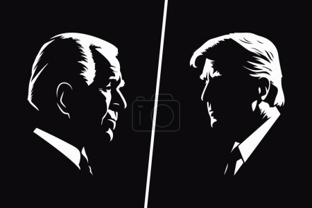 Ilustración de Georgia. 13 de marzo de 2023: Silueta en blanco y negro Retrato de Joe Biden y Donald Trump. Biden vs Trump. Presidente de los Estados Unidos sobre Fondo Negro. Vista lateral. Ilustración vectorial. - Imagen libre de derechos