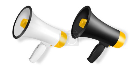 Illustration for Vector Realistic 3d Simple White and Black Megaphone Icon Set Closeup Isolated. Design Template, Banner, Web. Speaker Design Template. Announcement, Attention Concept. - Royalty Free Image