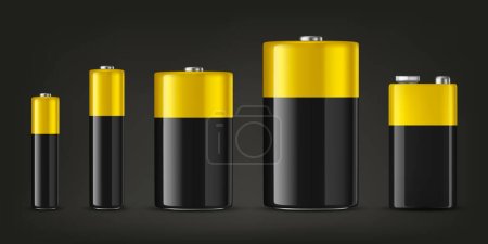 Vector 3d realista negro y amarillo alcalino batería icono conjunto primer plano aislado. Tamaño de la diferencia AAA, AA, C, D, PP3. Plantilla de diseño para Branding, Mockup. Ilustración vectorial.