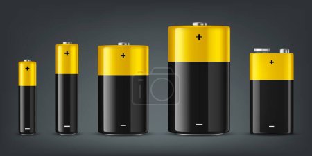 Illustration for Vector 3d Realistic Black and Yellow Alkaline Battery Icon Set Closeup Isolated. Diffrent Size - AAA, AA, C, D, PP3. Design Template for Branding, Mockup. Vector Illustration. - Royalty Free Image