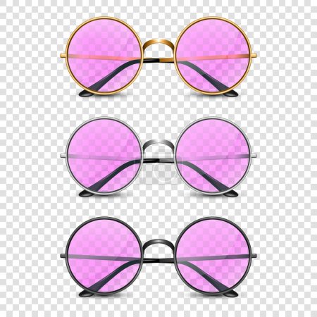 Illustration for Vector 3d Realistic Unisex Frame Glasses with Pink Glass. Golden, Silver, Black Color Frame. Pink Transparent Sunglasses for Women and Men, Accessory. Optics, Lens, Vintage, Trendy Glasses. Front View - Royalty Free Image