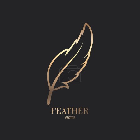 Vector Fluffy Golden Color Feather Logo Icon, Silhouette Feather Closeup Isolated. Design Template of Flamingo, Angel, Bird Feather. Lightness, Freedom Concept.