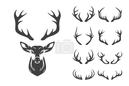 Vector Christmas Reindeer Horns, Antlers. Deer Horn Silhouettes. Hand Drawn Deers Horn, Antler Set. Animal Antler Collection. Design Elements of Deer. Wildlife Hunters, Hipster, Christmas Concept.