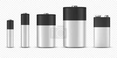 Illustration for Vector 3d Realistic Black and White Alkaline Battery Icon Set Closeup Isolated. Diffrent Size - AAA, AA, C, D, PP3. Design Template for Branding, Mockup. Vector Illustration. - Royalty Free Image