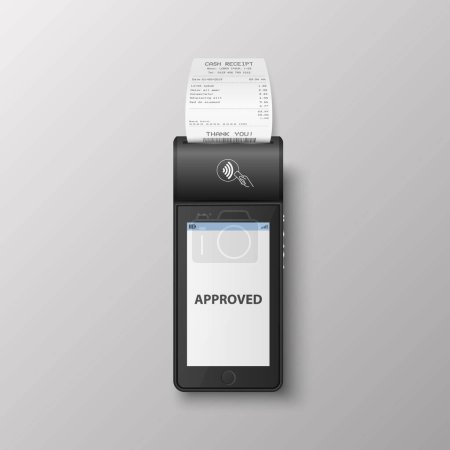 Vector 3d Black NFC Payment Machine with Approved Status and Paper Receipt, Bill. Wi-fi, Wireless Payment. POS Terminal, Machine Design Template of Bank Payment Contactless Terminal, Mockup. Top View.