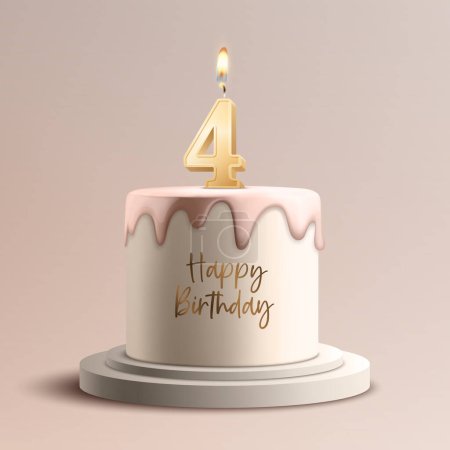 Four Years. Vector Birthday Anniversary Sweet Cake. Greeting Card, Banner with 3d Realistic Burning Golden Birthday Party Candle, Number, Flame. Icon Design Template for Birthday Concept. Front View.