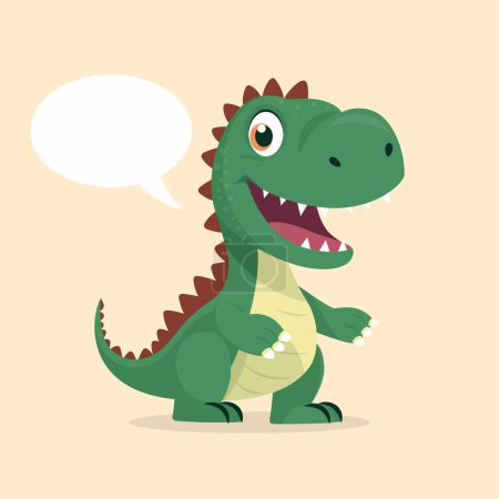 Ilustración de Vector lindo tipo bebé niño sonriendo dinosaurio. Dibujos animados feliz dinosaurio verde tiranosaurio Rex, Tyrex con la burbuja del habla en estilo plano sobre fondo azul. - Imagen libre de derechos