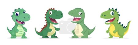 Illustration for Vector Cute Kind Baby Kid Smiling Dinosaur Set. Happy Cartoon Green Dinosaur Tyrannosaurus Rex, Tyrex Collection in Flat Style Isolated. - Royalty Free Image