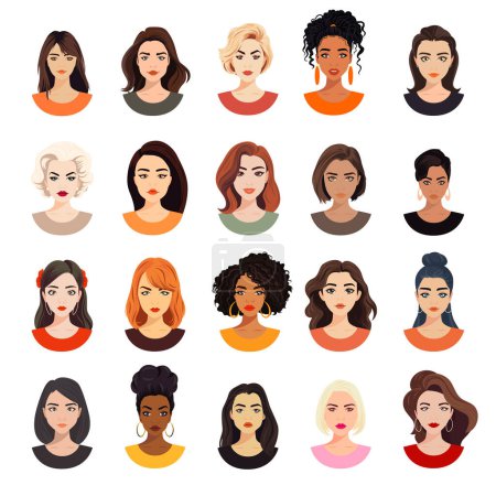 Vector Woman Avatar Set. Beautiful Young Girls Portrait Collection, Different Hairstyle. Female Expressing, Emotions, Different Nationalities. Cartoon Multiethnic Society in Flat Style. Front View.