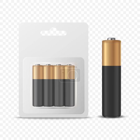 Vector 3d realista de cuatro baterías alcalinas en blister de papel y un solo conjunto de primer plano del icono de la batería aislado. Tamaño AA, posición vertical. Plantilla de diseño para Branding, Mockup. Ilustración vectorial.