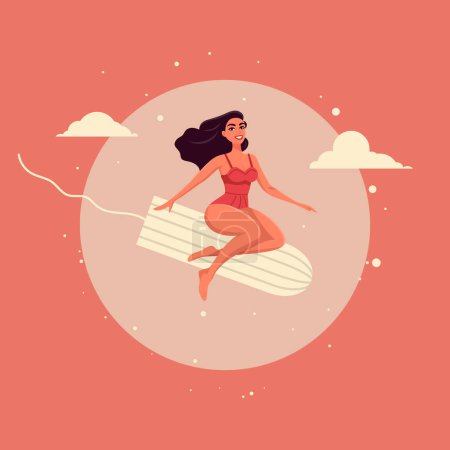 Vector Flat Women Riding Tampon on Pink Background. Attractive Beautiful Girl Sitting, Flying on a Tampon. Feminine Menstrual Cycle Design. Menstruation Womens Health Concept Banner. Female Hygiene.