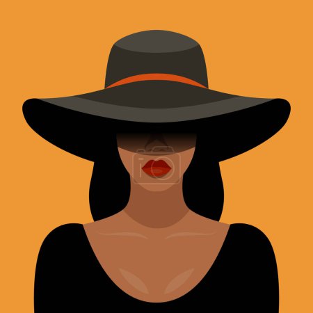 Illustration for Vector Background. Beautiful Young African American Black Woman with Black Hair, Closed Face with Big Hat, Wide Margins Covering Her Face, Flat Style. Solidarity People, Womens Rights Concept. - Royalty Free Image