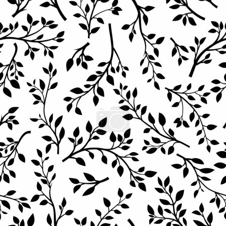 Vector Schwarz-Weiß nahtlose Muster mit Tree Brunches. Flacher Cartoon Twig mit Blütenblättern. Frühling, Sommer Design - Blätter, Brunch, Pflanzen, Kräuter. Vektorillustration.