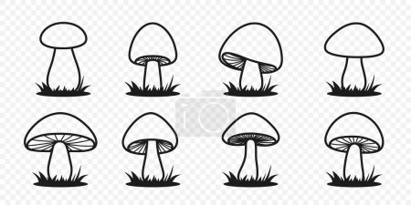 Conjunto de iconos de setas planas de dibujos animados dibujados a mano vectoriales. Mushroom Illustration, Mushrooms Collection (en inglés). Símbolo de hongo mágico, plantilla de diseño.