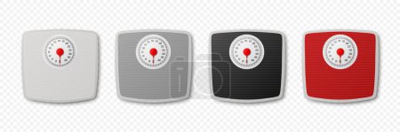Illustration for Vector 3d Realistic Bathroom Scales. Bathroom Body Weight Scales Icon Set Closeup Isolated in Front, Top View. Classic Retro Bathroom Floor Scale Design Template. - Royalty Free Image