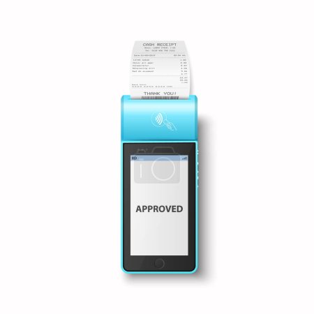 Vector 3d Blue NFC-Zahlungsmaschine mit genehmigtem Status und Quittung, Bill. WLAN, Drahtlose Bezahlung. POS-Terminal, Maschinenkonstruktionsvorlage für kontaktloses Terminal für Bankzahlungen, Mockup. Ansicht von oben.