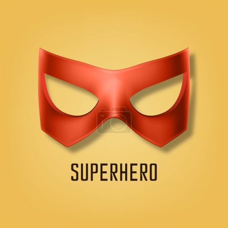 Masque réaliste vectoriel de super héros rouge sur fond jaune. Caractère de visage, modèle de conception de masque de bande dessinée de super-héros. Lunettes Carnaval Superhero, Vue frontale.